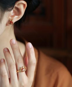 Natural Red Agate Dragon Ring for Women - Chinese Style Light Luxury Retro Silver & Gold-Plated Design