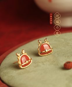 Natural Red Agate Dragon Stud Earrings for Women - Vintage Chinese Style Silver Jewelry, Light Luxury National Wind Design
