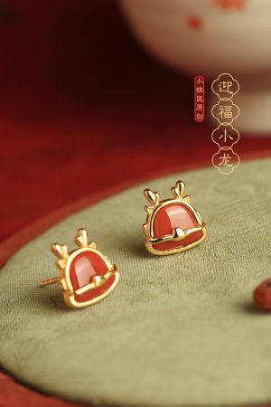 Natural Red Agate Dragon Stud Earrings for Women - Vintage Chinese Style Silver Jewelry, Light Luxury National Wind Design