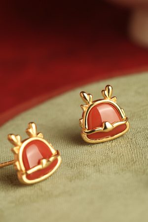 Natural Red Agate Dragon Stud Earrings for Women - Vintage Chinese Style Silver Jewelry, Light Luxury National Wind Design