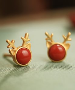 Natural Red Deer Antler Agate Stud Earrings for Women, Retro Zodiac Design, National Style, Bohemian Jewelry for Unique Fashion