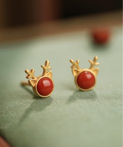Natural Red Deer Antler Agate Stud Earrings for Women, Retro Zodiac Design, National Style, Bohemian Jewelry for Unique Fashion