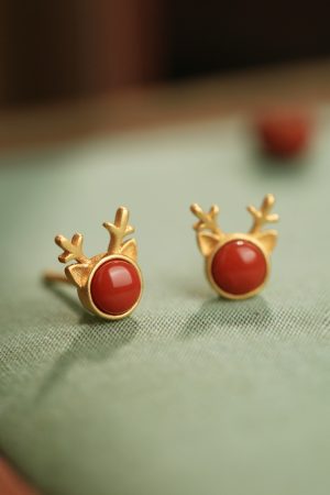 Natural Red Deer Antler Agate Stud Earrings for Women, Retro Zodiac Design, National Style, Bohemian Jewelry for Unique Fashion