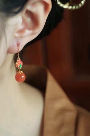 Natural Southern Red Enamel Pure Silver Earrings for Women, Chinese Style Red Agate Zodiac Jewelry