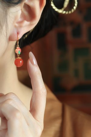 Natural Southern Red Enamel Pure Silver Earrings for Women, Chinese Style Red Agate Zodiac Jewelry