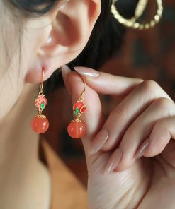 Natural Southern Red Enamel Pure Silver Earrings for Women, Chinese Style Red Agate Zodiac Jewelry