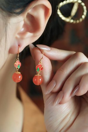 Natural Southern Red Enamel Pure Silver Earrings for Women, Chinese Style Red Agate Zodiac Jewelry