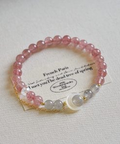 Natural Strawberry Crystal Bracelet with Pink Crystal and White Mother-of-Pearl Moon - Minimalist Versatile Accessory