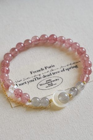Natural Strawberry Crystal Bracelet with Pink Crystal and White Mother-of-Pearl Moon - Minimalist Versatile Accessory