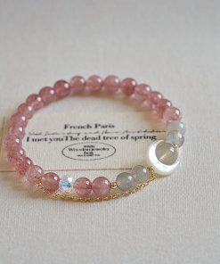 Natural Strawberry Crystal Bracelet with Pink Crystal and White Mother-of-Pearl Moon - Minimalist Versatile Accessory