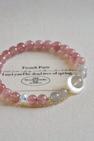 Natural Strawberry Crystal Bracelet with Pink Crystal and White Mother-of-Pearl Moon - Minimalist Versatile Accessory