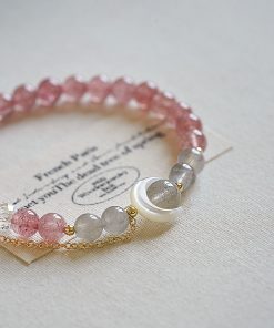 Natural Strawberry Crystal Bracelet with Pink Crystal and White Mother-of-Pearl Moon - Minimalist Versatile Accessory