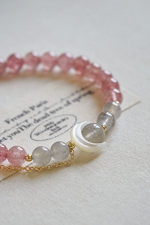Natural Strawberry Crystal Bracelet with Pink Crystal and White Mother-of-Pearl Moon - Minimalist Versatile Accessory