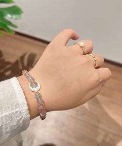 Natural Strawberry Crystal Bracelet with Pink Crystal and White Mother-of-Pearl Moon - Minimalist Versatile Accessory