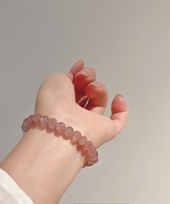 Natural Strawberry Crystal Bracelet with Pink Crystal and White Mother-of-Pearl Moon - Minimalist Versatile Accessory