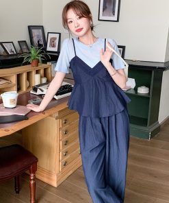 Navy Blue Camisole and Wide-Leg Pants 3-Piece Set - French Chic Casual Outfit for Youthful Style, Ideal for Spring and Summer Fashion.