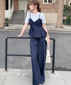 Navy Blue Camisole and Wide-Leg Pants 3-Piece Set - French Chic Casual Outfit for Youthful Style, Ideal for Spring and Summer Fashion.