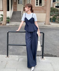 Navy Blue Camisole and Wide-Leg Pants 3-Piece Set - French Chic Casual Outfit for Youthful Style, Ideal for Spring and Summer Fashion.