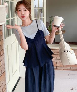 Navy Blue Camisole and Wide-Leg Pants 3-Piece Set - French Chic Casual Outfit for Youthful Style, Ideal for Spring and Summer Fashion.