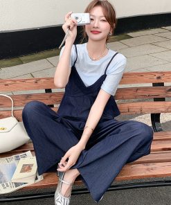 Navy Blue Camisole and Wide-Leg Pants 3-Piece Set - French Chic Casual Outfit for Youthful Style, Ideal for Spring and Summer Fashion.