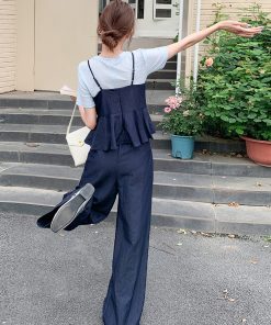 Navy Blue Camisole and Wide-Leg Pants 3-Piece Set - French Chic Casual Outfit for Youthful Style, Ideal for Spring and Summer Fashion.
