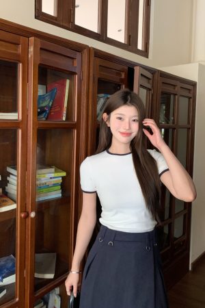 Navy Blue Color-Blocked Round Neck Short Sleeve Slim Fit Cotton T-Shirt - Summer Casual Korean Style Fashion