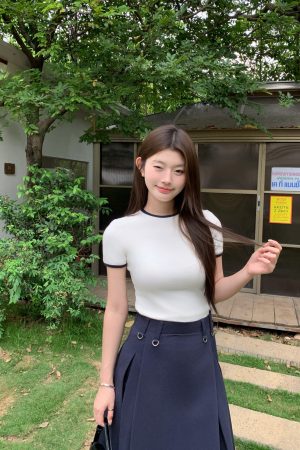 Navy Blue Color-Blocked Round Neck Short Sleeve Slim Fit Cotton T-Shirt - Summer Casual Korean Style Fashion