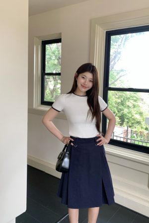 Navy Blue Color-Blocked Round Neck Short Sleeve Slim Fit Cotton T-Shirt - Summer Casual Korean Style Fashion