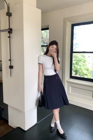 Navy Blue Color-Blocked Round Neck Short Sleeve Slim Fit Cotton T-Shirt - Summer Casual Korean Style Fashion