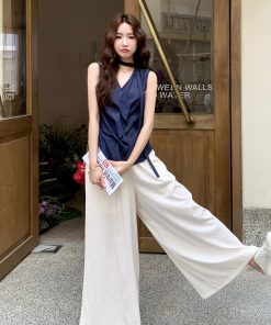 Navy Blue Irregular Top and High-Waisted Wide-Leg Pants Set for Women - Vintage 2025 Summer Two-Piece Outfit