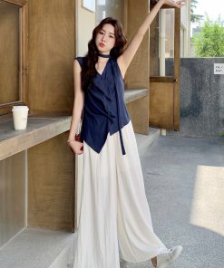 Navy Blue Irregular Top and High-Waisted Wide-Leg Pants Set for Women - Vintage 2025 Summer Two-Piece Outfit