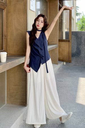 Navy Blue Irregular Top and High-Waisted Wide-Leg Pants Set for Women - Vintage 2025 Summer Two-Piece Outfit