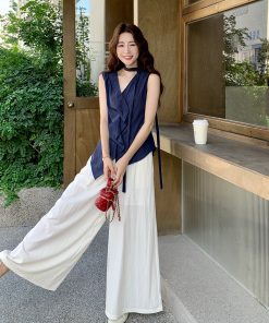 Navy Blue Irregular Top and High-Waisted Wide-Leg Pants Set for Women - Vintage 2025 Summer Two-Piece Outfit