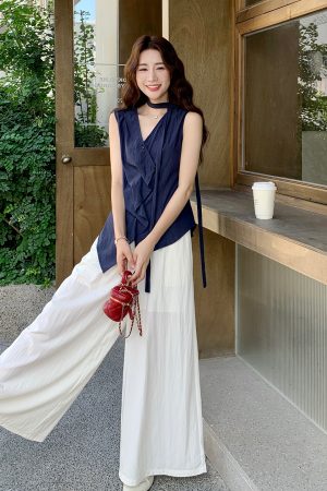 Navy Blue Irregular Top and High-Waisted Wide-Leg Pants Set for Women - Vintage 2025 Summer Two-Piece Outfit