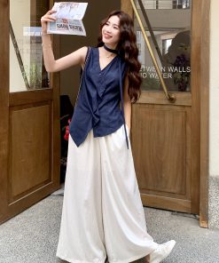 Navy Blue Irregular Top and High-Waisted Wide-Leg Pants Set for Women - Vintage 2025 Summer Two-Piece Outfit