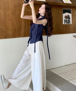 Navy Blue Irregular Top and High-Waisted Wide-Leg Pants Set for Women - Vintage 2025 Summer Two-Piece Outfit