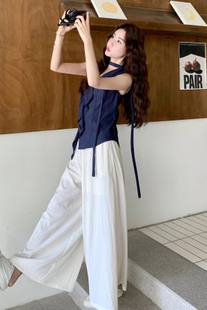 Navy Blue Irregular Top and High-Waisted Wide-Leg Pants Set for Women - Vintage 2025 Summer Two-Piece Outfit