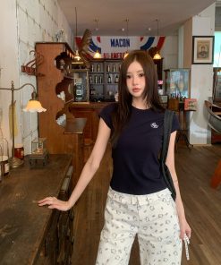 Navy Blue Lace Splicing Slim-Fit Short Sleeve T-Shirt - Skin-Friendly Antibacterial Basic Top for Y2K and Korean Style Fashion