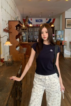 Navy Blue Lace Splicing Slim-Fit Short Sleeve T-Shirt - Skin-Friendly Antibacterial Basic Top for Y2K and Korean Style Fashion
