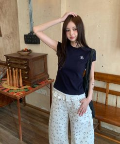 Navy Blue Lace Splicing Slim-Fit Short Sleeve T-Shirt - Skin-Friendly Antibacterial Basic Top for Y2K and Korean Style Fashion