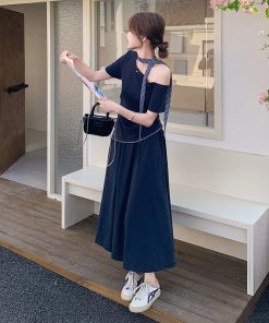 Navy Blue Off-Shoulder Top and Skirt Two-Piece Set - Elegant Summer OOTD for a Chic, Age-Reducing Look