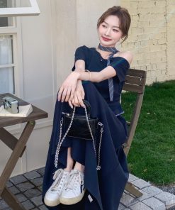 Navy Blue Off-Shoulder Top and Skirt Two-Piece Set - Elegant Summer OOTD for a Chic, Age-Reducing Look