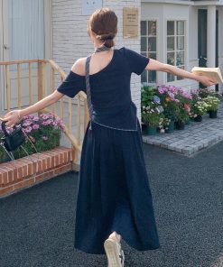 Navy Blue Off-Shoulder Top and Skirt Two-Piece Set - Elegant Summer OOTD for a Chic, Age-Reducing Look