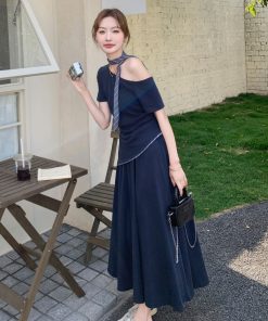 Navy Blue Off-Shoulder Top and Skirt Two-Piece Set - Elegant Summer OOTD for a Chic, Age-Reducing Look