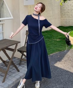 Navy Blue Off-Shoulder Top and Skirt Two-Piece Set - Elegant Summer OOTD for a Chic, Age-Reducing Look