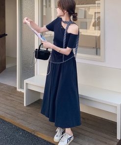 Navy Blue Off-Shoulder Top and Skirt Two-Piece Set - Elegant Summer OOTD for a Chic, Age-Reducing Look