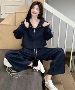 Navy Blue Three-Piece Sweatshirt Set for Women with Wide-Leg Pants, Casual Korean Style for Petite Sizes, Spring and Autumn Fashion 2025