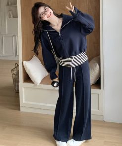 Navy Blue Three-Piece Sweatshirt Set for Women with Wide-Leg Pants, Casual Korean Style for Petite Sizes, Spring and Autumn Fashion 2025