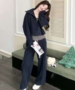 Navy Blue Three-Piece Sweatshirt Set for Women with Wide-Leg Pants, Casual Korean Style for Petite Sizes, Spring and Autumn Fashion 2025
