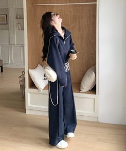 Navy Blue Three-Piece Sweatshirt Set for Women with Wide-Leg Pants, Casual Korean Style for Petite Sizes, Spring and Autumn Fashion 2025